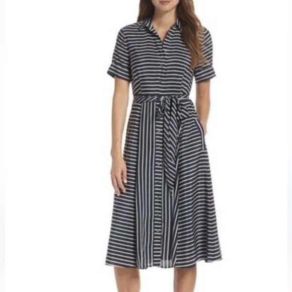 J. Crew Dresses & Skirts - J.CREW Navy & White Striped Short Sleeve Shirt Dress Tie Waist Midi Size 16 Silk